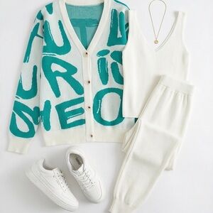 3 - Piece White Knit Tank & Jogger Set with Teal Graphic Cardigan